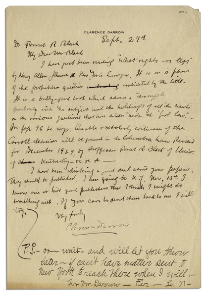 Clarence Darrow Autograph Letter Signed Regarding Prohibition -- Darrow Calls Prohibition ''The Fool Law''