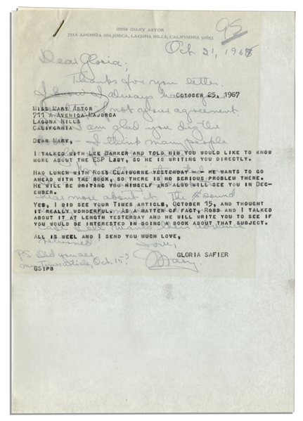 Mary Astor 1967 Autograph Letter Signed -- To Her Agent, Regarding Her Upcoming Novel, ''A Place Called Saturday''