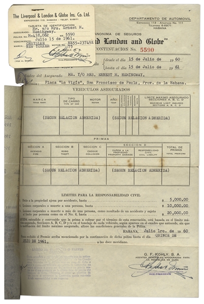 Ernest Hemingway Insurance Policy for His 3 Cars -- Hemingway Was Involved in Numerous Car Accidents During His Life, Contributing to His Chronic Pain