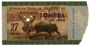 Ernest Hemingway's Own Bullfighting Ticket From 27 July 1959 -- From the ''Plaza de Toros de Valencia'' -- Hemingway Wrote About the Bullfights of 1959 in His Final Book