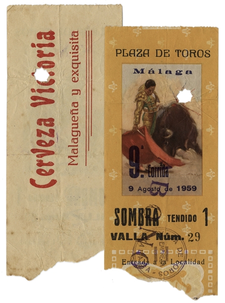 Ernest Hemingway's Own Bullfighting Ticket From 9 August 1959 -- From the ''Plaza de Toros'' in Malaga, Spain -- Hemingway Wrote About the Bullfights of 1959 in His Final Book