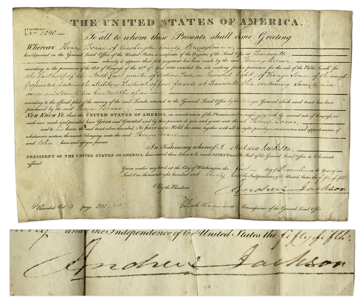 Andrew Jackson Land Grant Signed as President in 1830