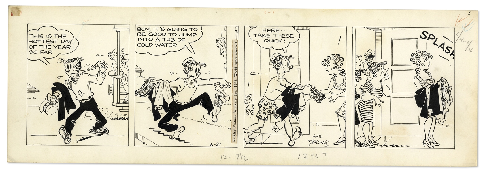 2 Chic Young Hand-Drawn ''Blondie'' Comic Strips From 1965 -- With Chic Young's Original Preliminary Artwork for Both Strips
