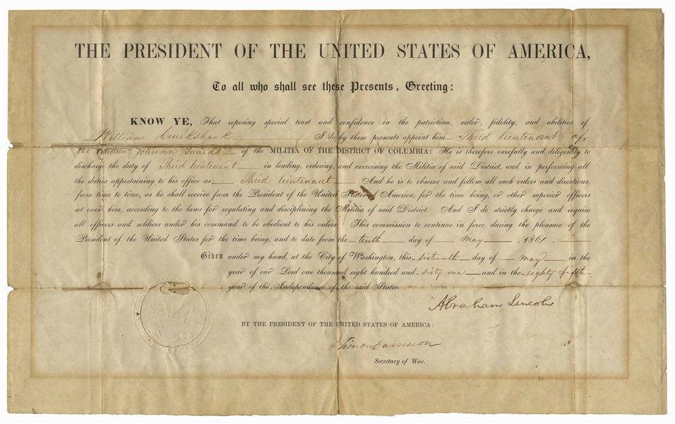 Abraham Lincoln Military Appointment Signed During the Civil War -- With Full ''Abraham Lincoln'' Signature