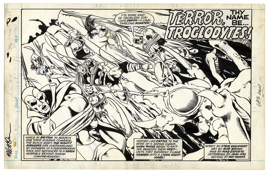 ''Avengers'' Original Art From 1977 Signed by the Artist Michael Golden -- Splash Page With Additional Large Sketch by Golden on Verso