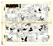 Chic Young Hand-Drawn Blondie Sunday Comic Strip From 1955 -- The Puppies Enlist Help to Keep a Kitten Out of the House