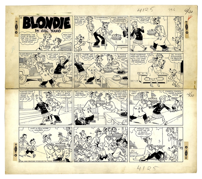 Chic Young Hand-Drawn ''Blondie'' Sunday Comic Strip From 1956 -- Dagwood Appreciates Blondie's Baking