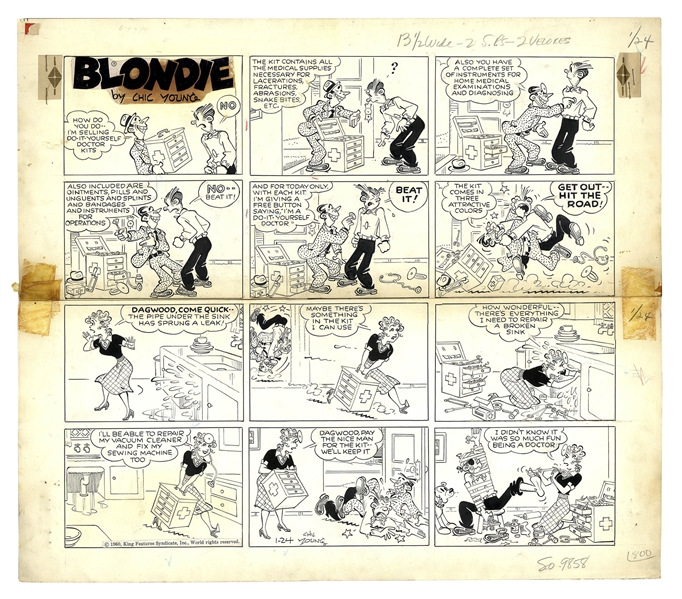 Chic Young Hand-Drawn ''Blondie'' Sunday Comic Strip From 1960 -- Dagwood & Blondie Respond Differently to an Unusual Door to Door Salesman