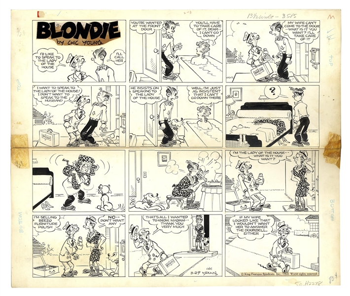 Chic Young Hand-Drawn ''Blondie'' Sunday Comic Strip From 1964 -- Dagwood Dresses Up as Blondie to Mollify a Salesman