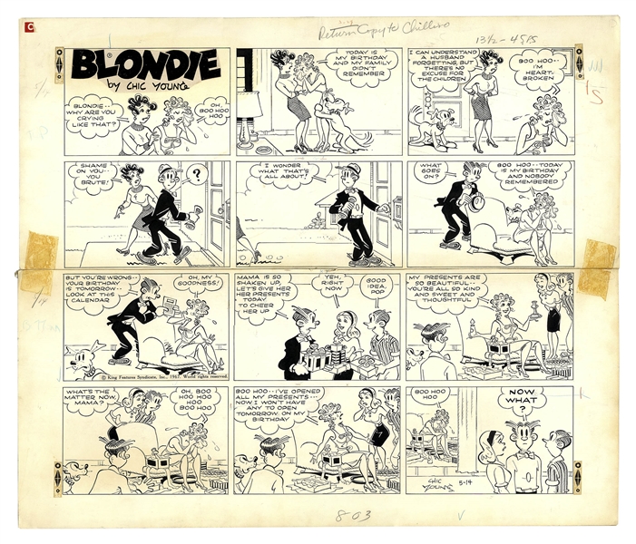 Chic Young Hand-Drawn ''Blondie'' Sunday Comic Strip From 1967 -- Blondie Thinks Everyone Forgot Her Birthday