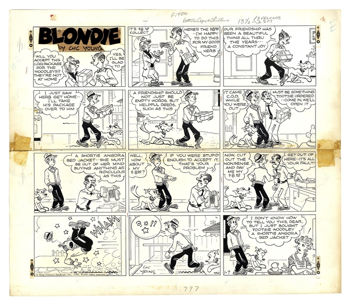 Chic Young Hand-Drawn ''Blondie'' Sunday Comic Strip From 1968 -- Dagwood Gets in a Fight With His Erstwhile Best Friend Herb Woodley