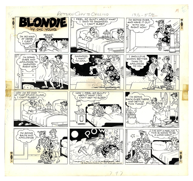 Chic Young Hand-Drawn ''Blondie'' Sunday Comic Strip From 1969 -- In This Clever Strip, Best Friends Dagwood & Herb Fight and Apologize, Only to Fight and Apologize All Over Again