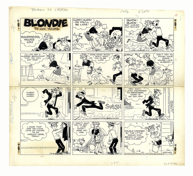 Chic Young Hand-Drawn ''Blondie'' Sunday Comic Strip From 1970 -- Funny Strip Where Blondie Tricks Dagwood Into Getting Up Early on a Sunday