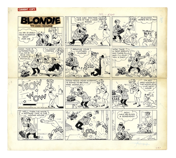 Chic Young Hand-Drawn ''Blondie'' Sunday Comic Strip From 1973 -- Dagwood Gets an Unnecessary ''Physical''