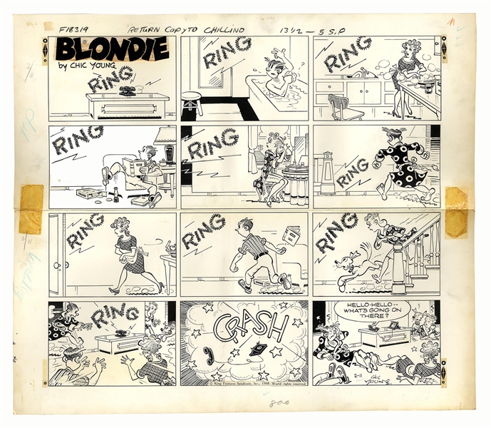 Chic Young Hand-Drawn ''Blondie'' Sunday Comic Strip From 1968 -- Calamity at the Bumstead Home