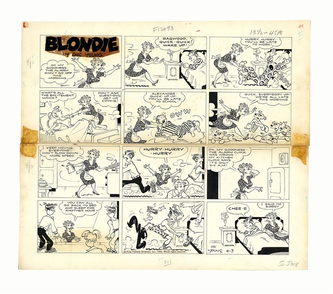 Chic Young Hand-Drawn ''Blondie'' Sunday Comic Strip From 1966 -- Dagwood Gets Up Early for No Reason!