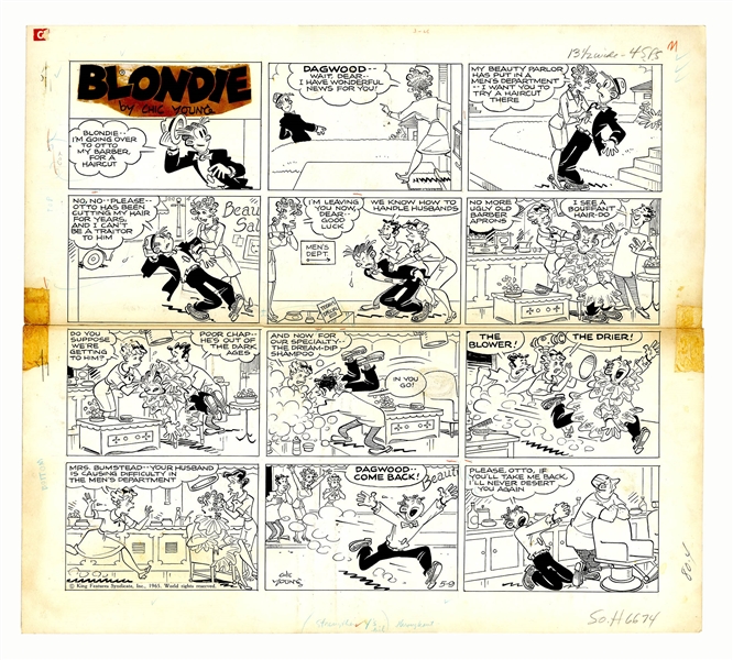 Chic Young Hand-Drawn ''Blondie'' Sunday Comic Strip From 1965 -- Blondie Tries to Give Dagwood a Metrosexual Makover