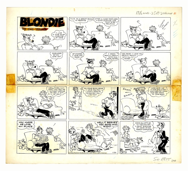 Chic Young Hand-Drawn ''Blondie'' Sunday Comic Strip From 1963 -- Trouble in Paradise at the Bumstead Home