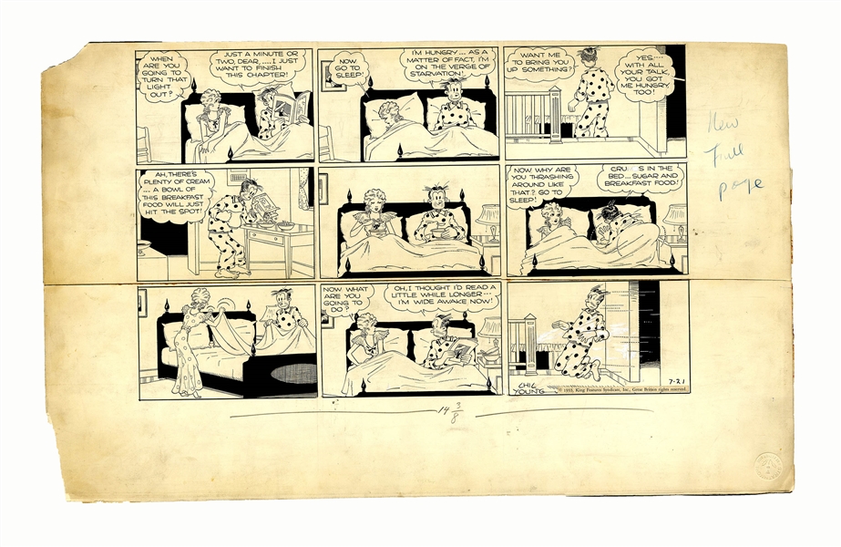 Chic Young Hand-Drawn ''Blondie'' Sunday Comic Strip From 1935 -- Blondie Throws Dagwood Out of Their Bed