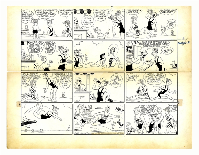 Chic Young Hand-Drawn ''Blondie'' Sunday Comic Strip From 1939 -- The Bumstead Family Spends a Day at the Beach