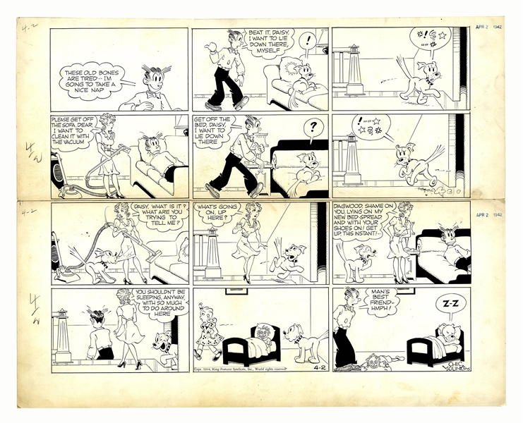 Chic Young Hand-Drawn ''Blondie'' Sunday Comic Strip From 1944 -- Daisy Snitches on Dagwood