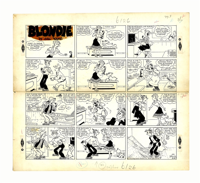 Chic Young Hand-Drawn ''Blondie'' Sunday Comic Strip From 1956 -- Blondie Causes Havoc Over the Phone