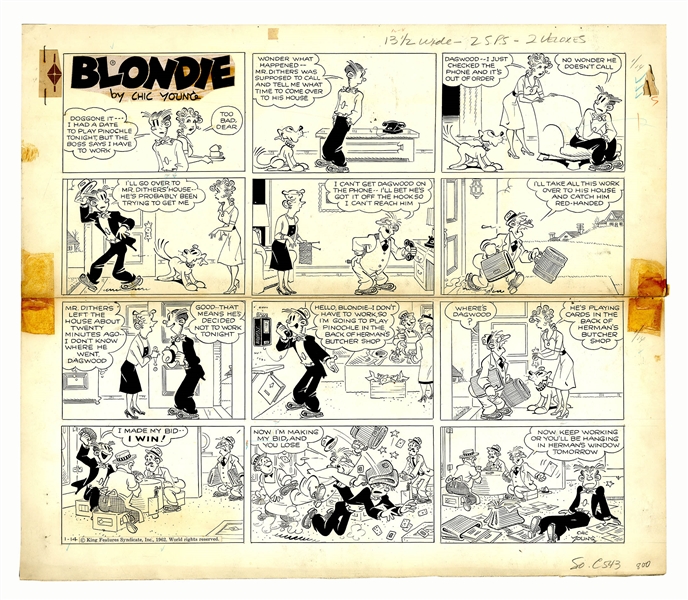 Chic Young Hand-Drawn ''Blondie'' Sunday Comic Strip From 1962 -- Despite Dagwood's Best Intentions, Mr. Dithers Thinks He's Skipping Work