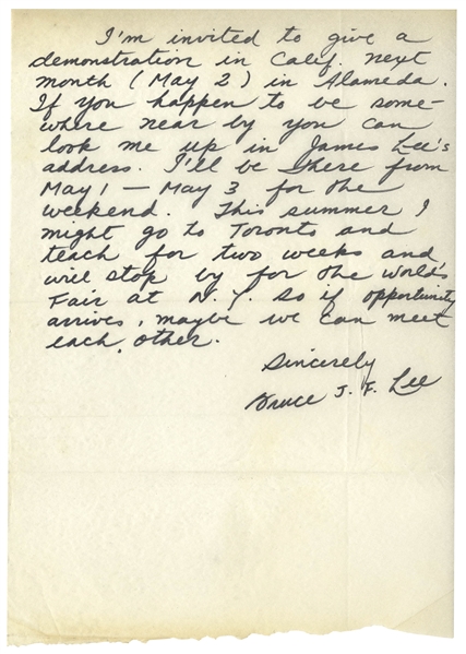 Bruce Lee Memorabilia Auction Fantastic Bruce Lee Autograph Letter Signed on Gung Fu Discipline, Harmonious Movements, Health, Mind, No Wasted Movements, Oneness, Self-Consciousness, Self Defense, Simplicity & Training