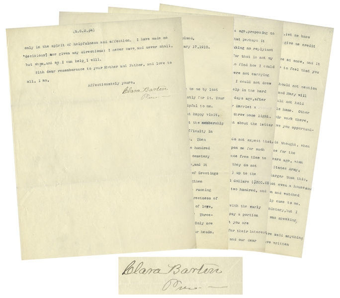 Clara Barton Letter Signed on Running the National First Aid Society at the Age of 88 -- She Writes of Supporters ''full of love, confidence and hope'' & Also ''the axe over our heads''