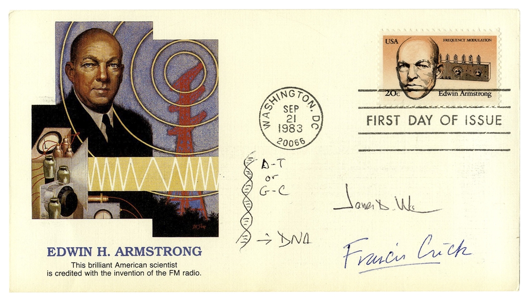 James Watson and Francis Crick Signed First Day Cover -- With a Drawing by Watson of a DNA Double Helix -- With PSA/DNA COA