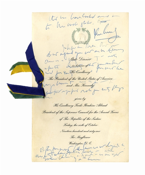 John F. Kennedy Signed, Handwritten Speech Draft as President, From 1961 -- JFK Speaks at a State Dinner With Sudanese President Ibrahim Abboud