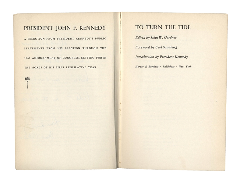 John F. Kennedy Signed Book as President -- JFK Inscribes To Turn the Tide to Photographer Alfred Eisenstaedt …who helped turn an earlier tide… -- With Slide Photo of JFK Signing