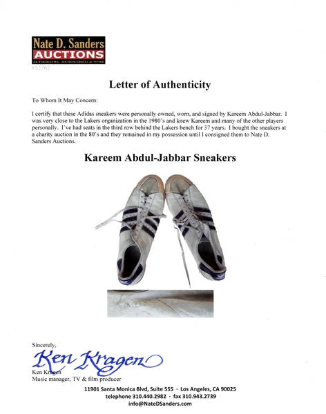 Kareem Abdul Jabaar game used Kareem Abdul-Jabbar Signed & Worn Adidas Sneakers