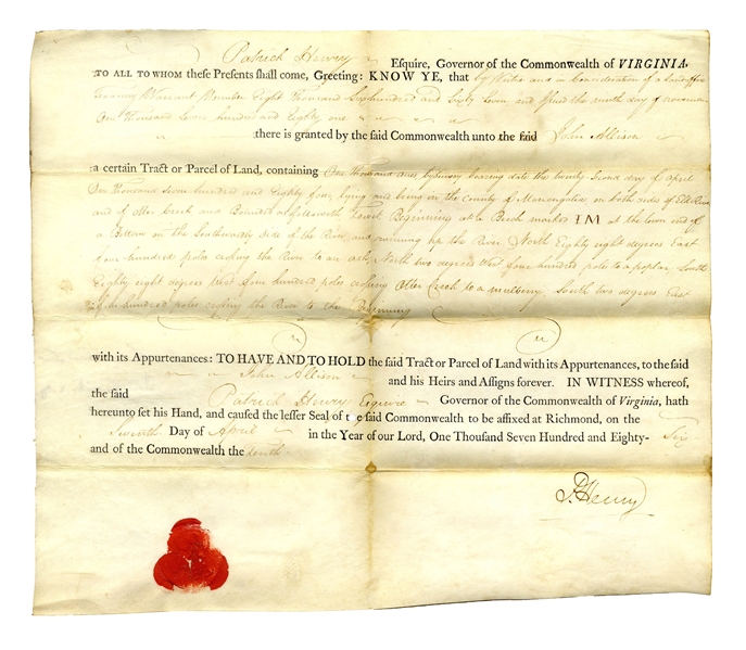Patrick Henry Virginia Land Grant Signed as Governor of Virginia