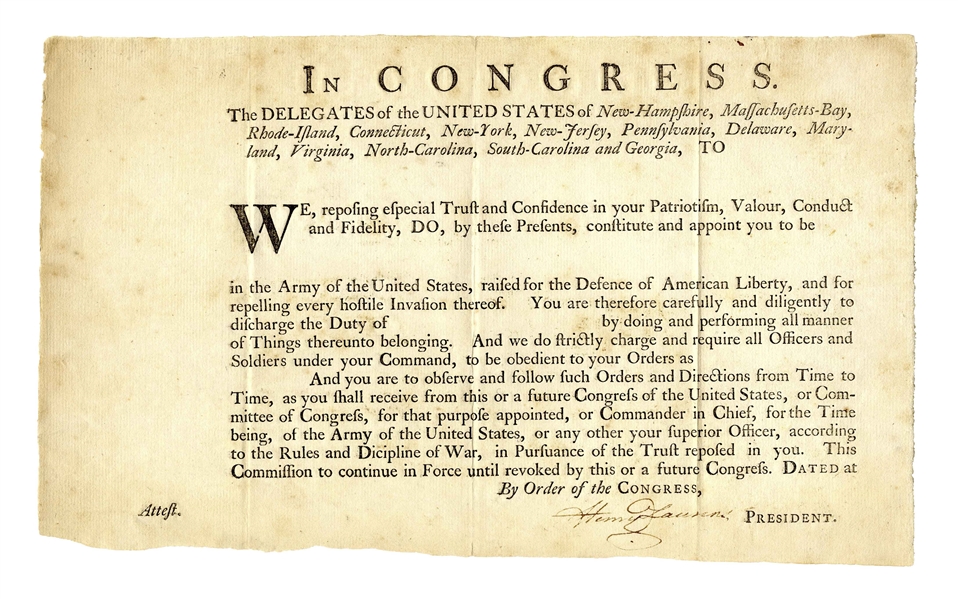 Henry Laurens Document Signed as President of the Continental Congress -- Blank Military Appointment to the Revolutionary War
