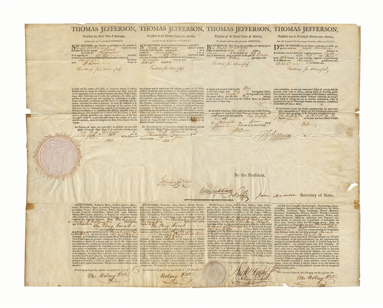 Thomas Jefferson Four-Language Ship's Paper Signed as President -- Countersigned by James Madison as Secretary of State