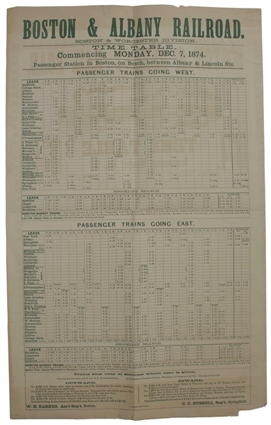 1874 Broadside Announcing the Rail Schedule for the Boston & Albany Railroad