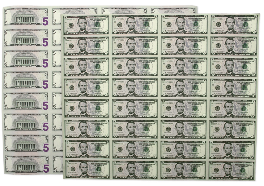 2006 Uncut Sheet of 32 $5 Federal Reserve Notes -- Near Fine -- With Original Tube From Bureau of Engraving & Printing