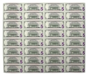 2006 Uncut Sheet of 32 $5 Federal Reserve Notes -- Near Fine -- With Original Tube From Bureau of Engraving & Printing
