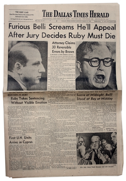 ''The Dallas Times Herald'' Newspaper From 15 March 1964 -- Jury Gives Jack Ruby the Death Penalty -- 26pp. -- Very Good Condition