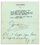 Joan Crawford Letter Signed With Autograph Postscript -- ''...I'm so happy that you saw Christina on 'Here's Hollywood'. She had such fun doing that show, and I thought she looked lovely...''