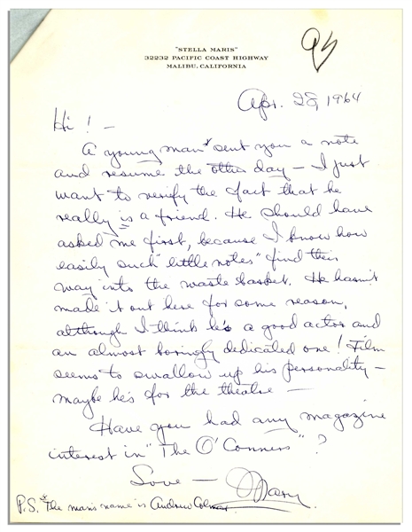Mary Astor Autograph Letter Signed to Her Agent Regarding Her Novel -- ''...Have you had any magazine interest in 'The O'Connors'?...''