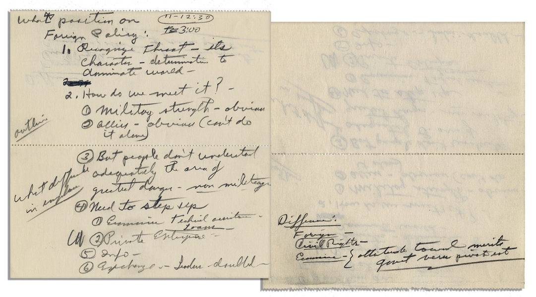 Richard Nixon Handwritten Notes -- ''...Recognize threat - its character - determination to dominate world...people don't understand adequately the area of greatest danger...''