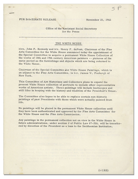 Official Jackie Kennedy White House Press Release -- Announcing the White House Permanent Art Collection Committee Members