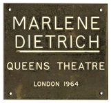 Marlene Dietrich Personally Owned Queens Theatre Plaque From Her Dressing Room