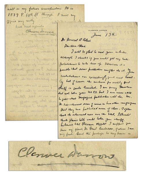 Clarence Darrow Autograph Letter Signed Regarding Prohibition -- ''...I doubt if you would get any anti-prohibitionists to take them up...''
