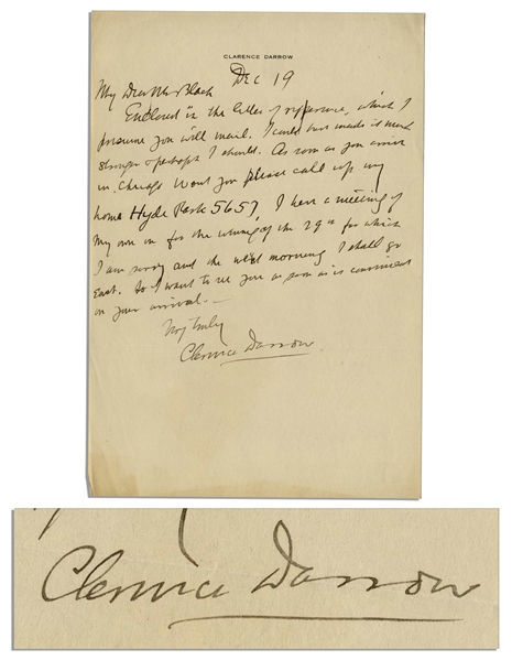 Clarence Darrow Autograph Letter Signed -- To Darrow's Colleague Whom He Was Working With on Repealing Prohibition