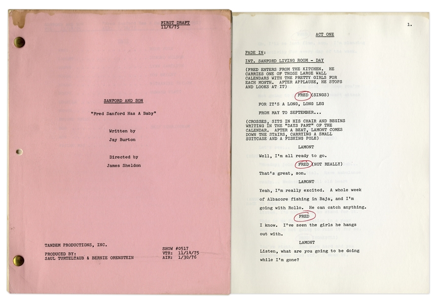 ''Sanford & Son'' Script, With Redd Foxx's Notes -- First Draft of ''Fred Sanford Has a Baby'' Dated 6 November 1975 -- 36pp. -- Very Good Condition -- From the Redd Foxx Estate