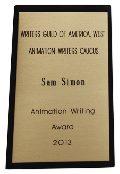 Writers Guild of America Award Presented to Sam Simon in 2013 -- Co-Creator of ''The Simpsons'' -- From the Sam Simon Estate