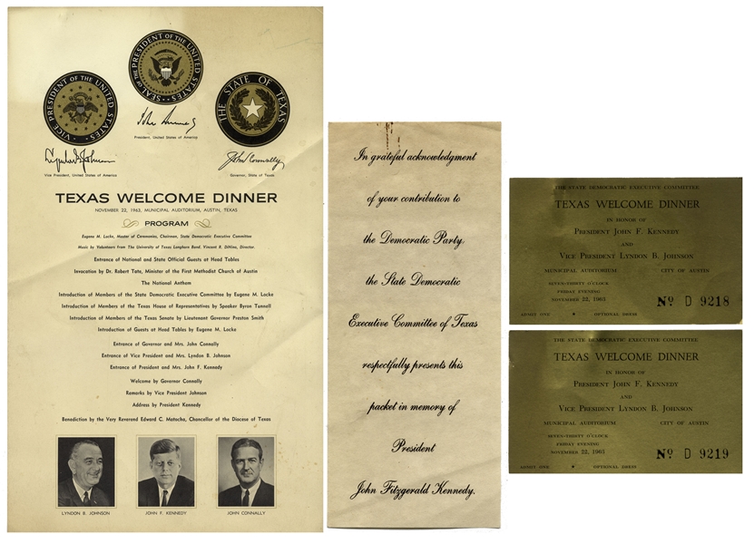 Lot of Items From the ''Texas Welcome Dinner'' That President John F. Kennedy Was to Attend the Night of His Assassination